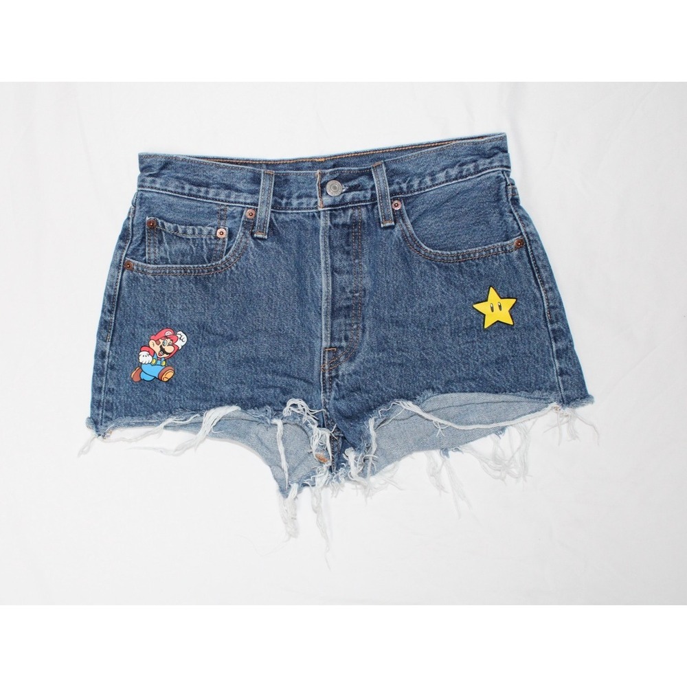 Levi's x Super Mario Shorts Women's Mid Rise 501 Denim Jean Shorts Button Up 27